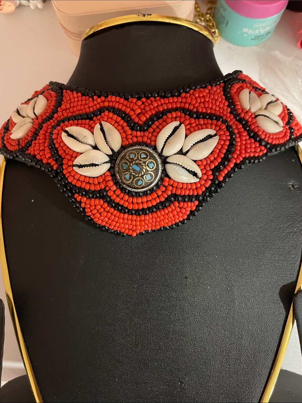 Red Beaded Shell Choker Necklace with Decorative Center